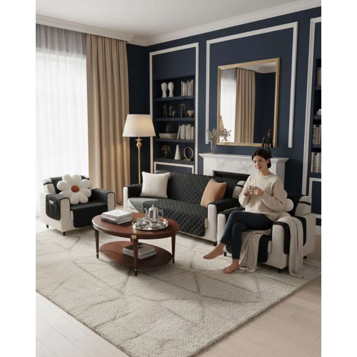 GENERICO - Juegos 3+1+1 de Cubre sillon reversibles con bolsas