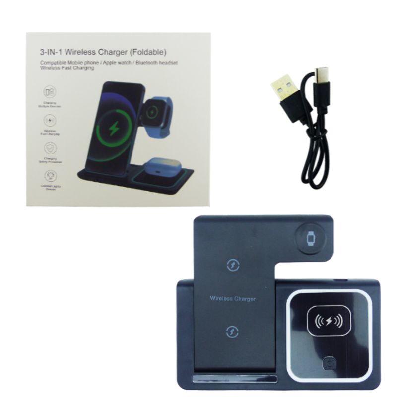 GENERICO - Cargador Inalambrico 3 En 1 Escritorio Wireless iPhone Color Negro