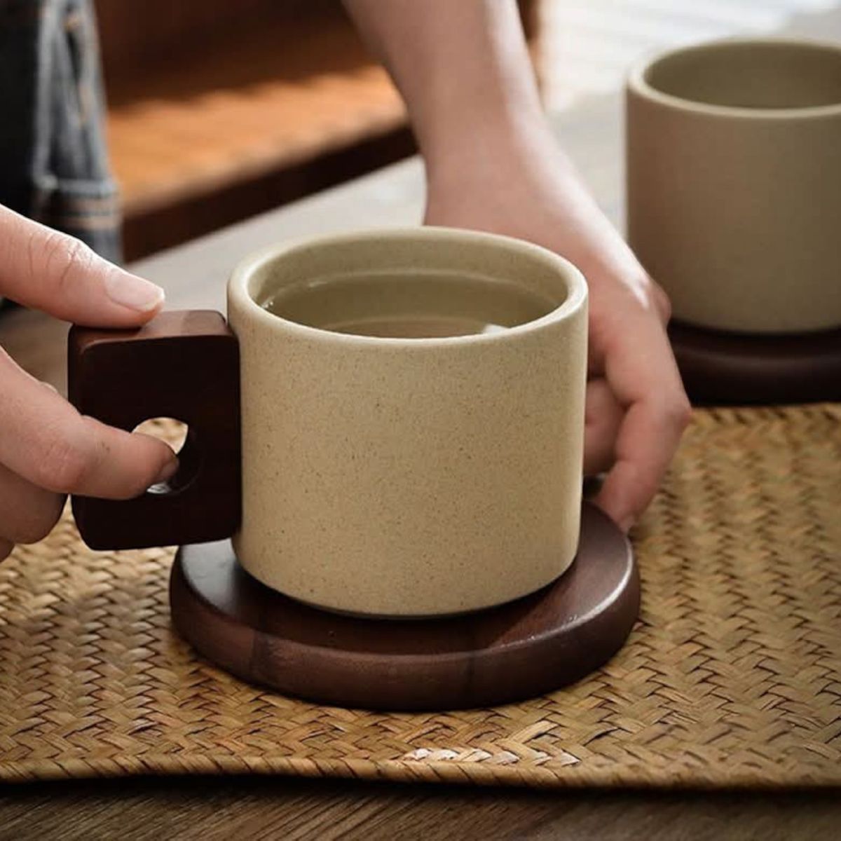 GENERICO - Taza de cerámica vintage con asa de madera natural 300ml