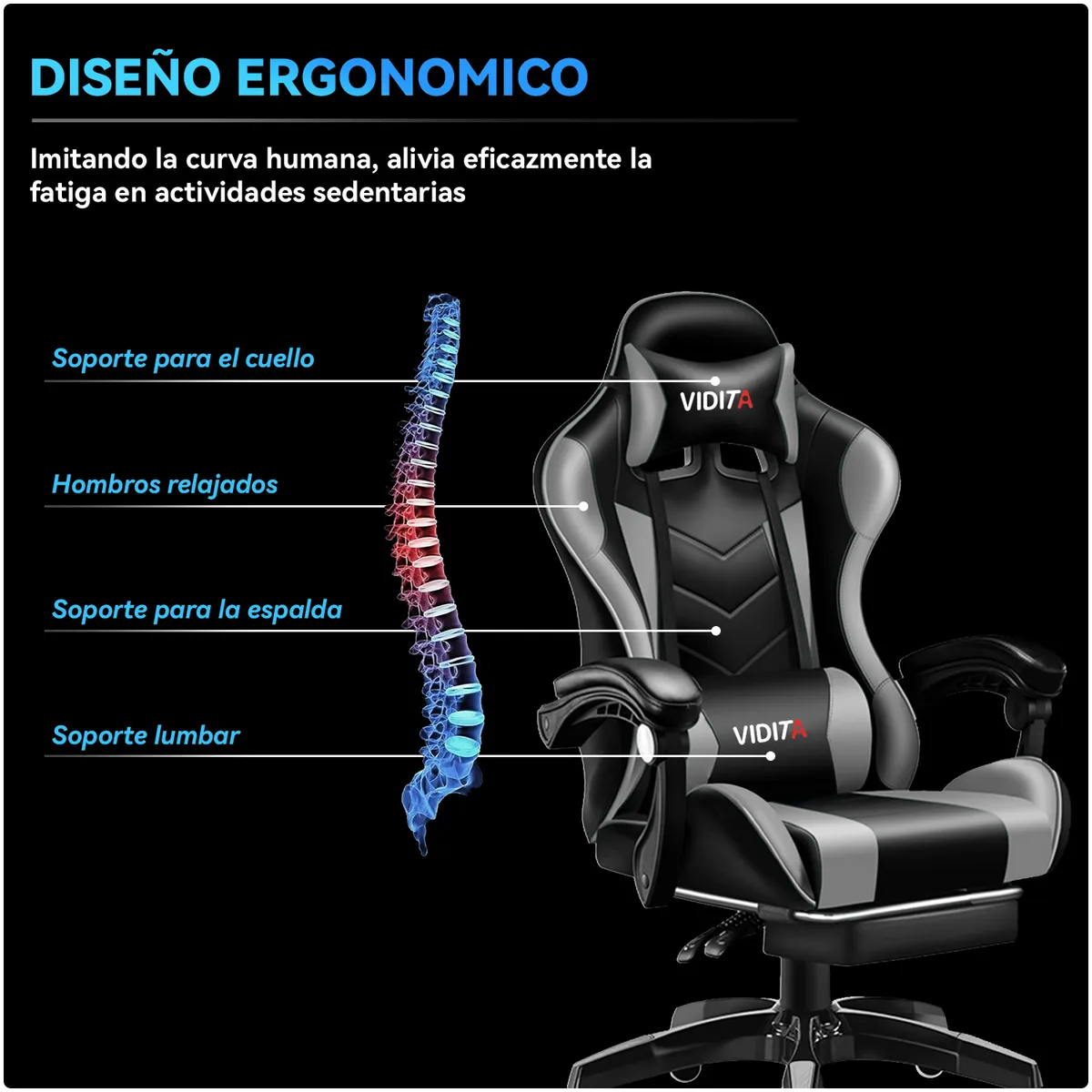 VIDITA - Silla Gamer GX2000 Reclinable Profesional con Reposapiés-Gris