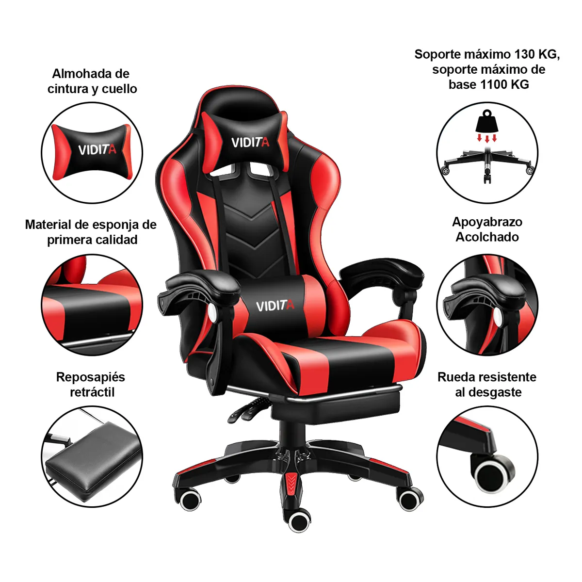 VIDITA - Silla Gamer GX2000 Reclinable Profesional con Reposapiés-Rojo