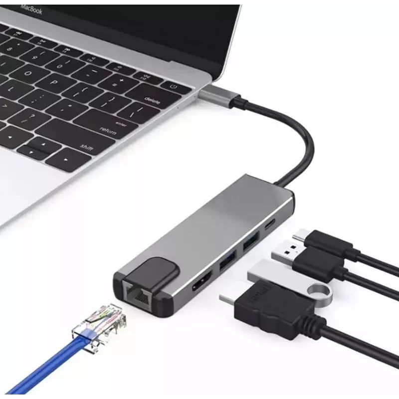 GENERICO - HUB ADAPTADOR  5 EN 1 TIPO C/2 USB/CABLE RED/HDMI