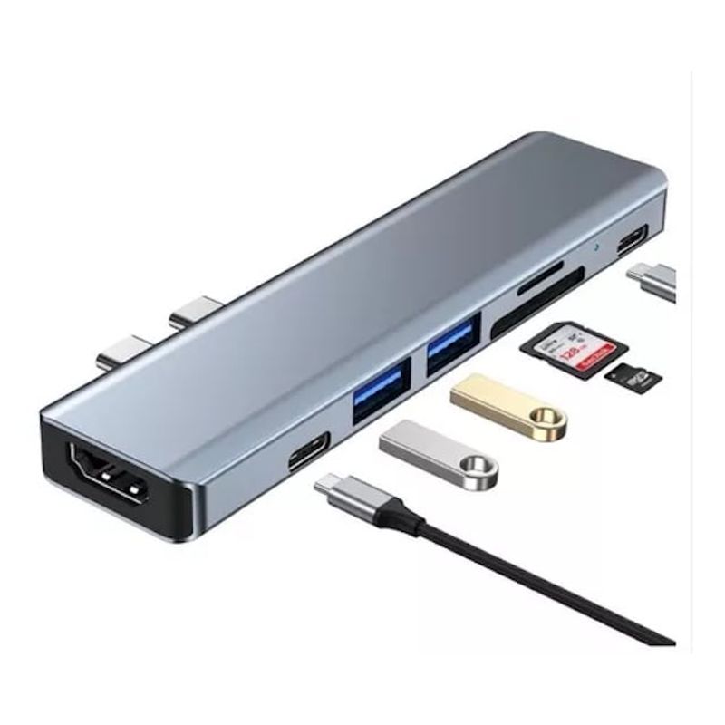 GENERICO - HUB ADAPTADOR  7 EN 1 TIPO C/2 USB/HDMI/LECTOR DE MEMORIA SD/MICRO SD