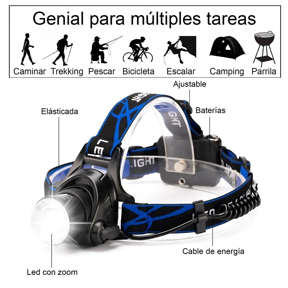 OEM - Linterna Frontal Cabeza Led Cintillo Minero Caza Recargable