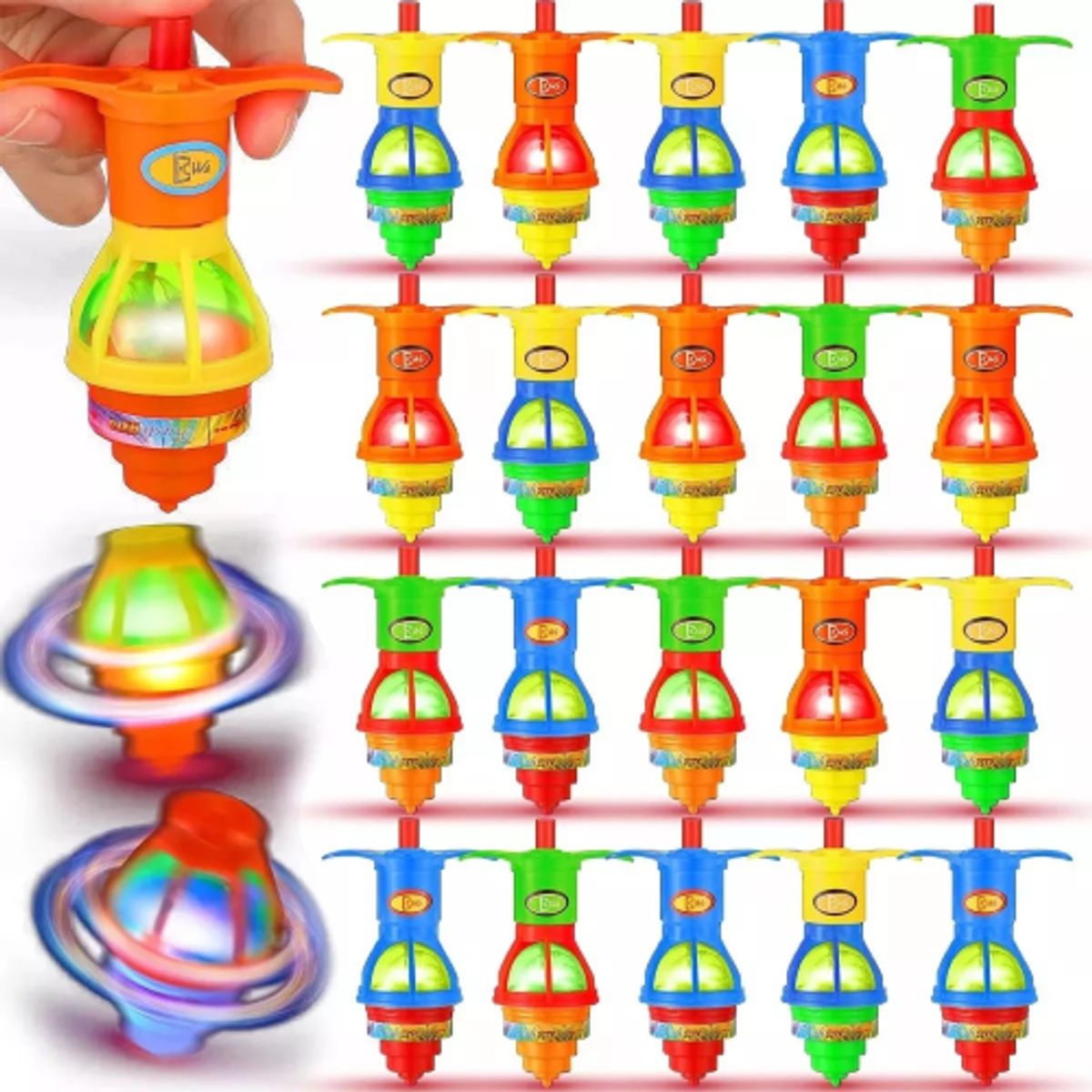 MUNDO MAGIA - Pack 20 Trompos Con Luz Sorpresa Lanzador Cumpleaños Eventos