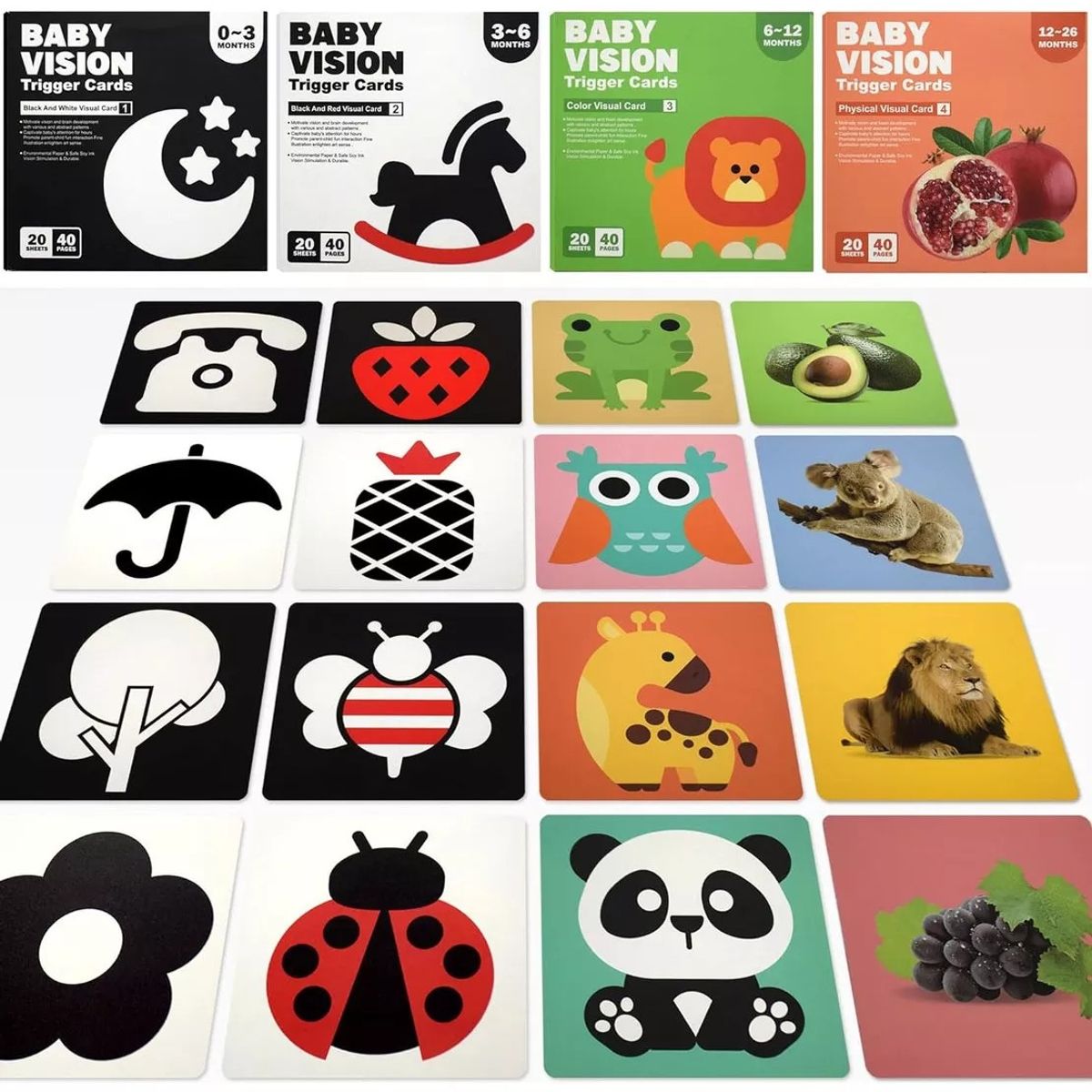 MUNDO MAGIA - 4cajas Tarjetas De Estimulación Visual Para Bebés 0-36 Meses