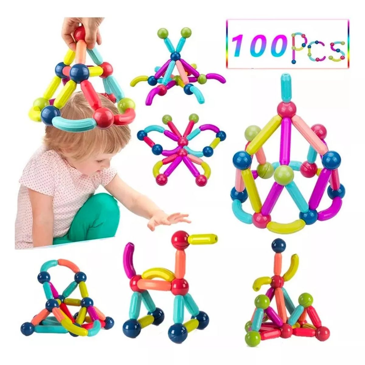 MUNDO MAGIA - 100 Unidades De Bloques De Construcción Con Barra Magnética