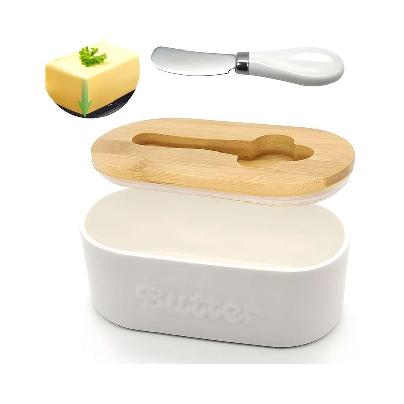 GENERICO - Mantequillera Hermetica con Tapa de Bambu y Cortador Recipiente para Mantequilla