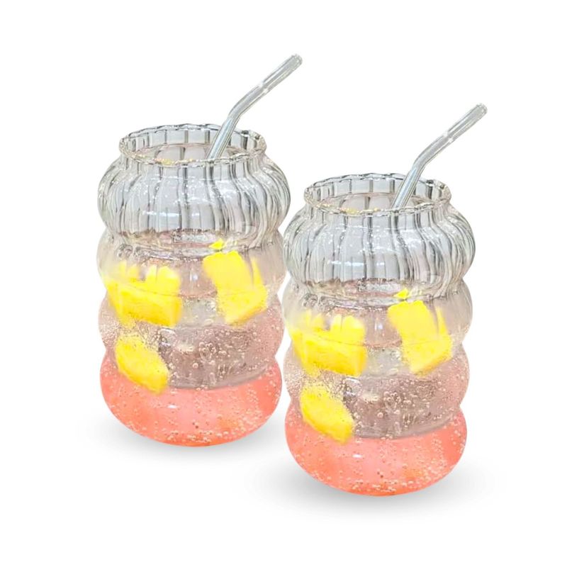 SANTU HOME & DECO - Set 2 Vasos Vidrio Relieve con Bombilla y Tapa 800ml