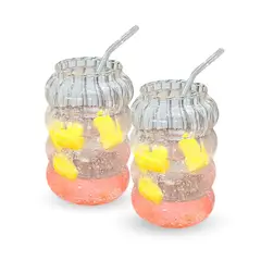SANTU HOME & DECO - Set 2 Vasos Vidrio Relieve con Bombilla y Tapa 800ml