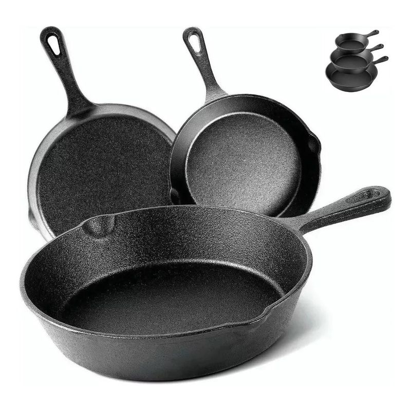 EVERSO - Pack 3 Sartenes De Hierro Fundido Con Mango Varias Medida
