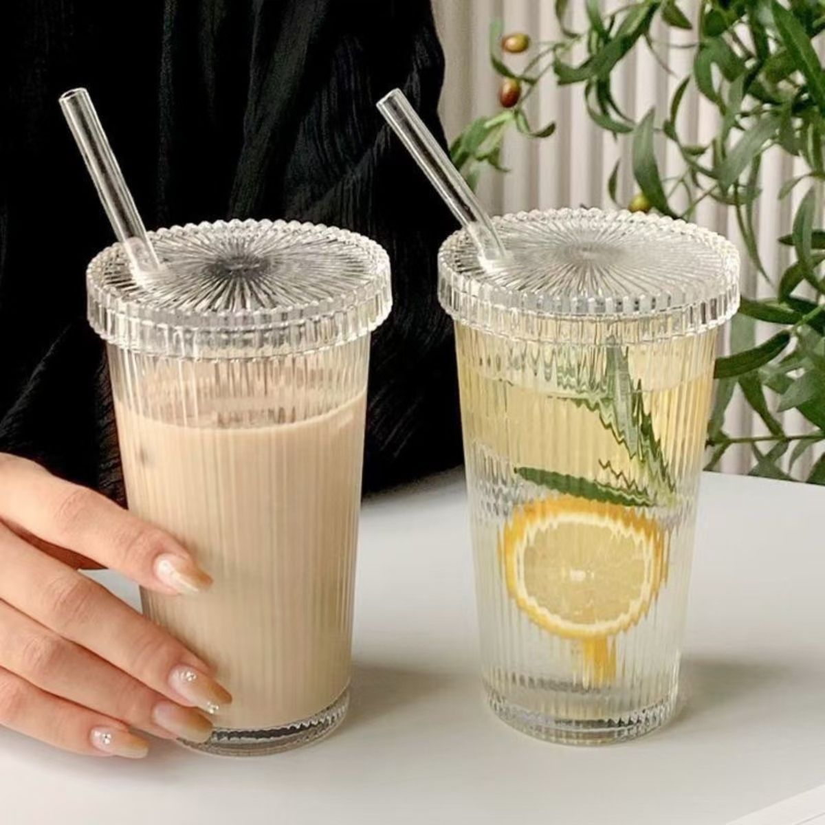SANTU HOME & DECO - Set 2 Vasos Vidrio con Bombilla y Tapa Lineas 380ml