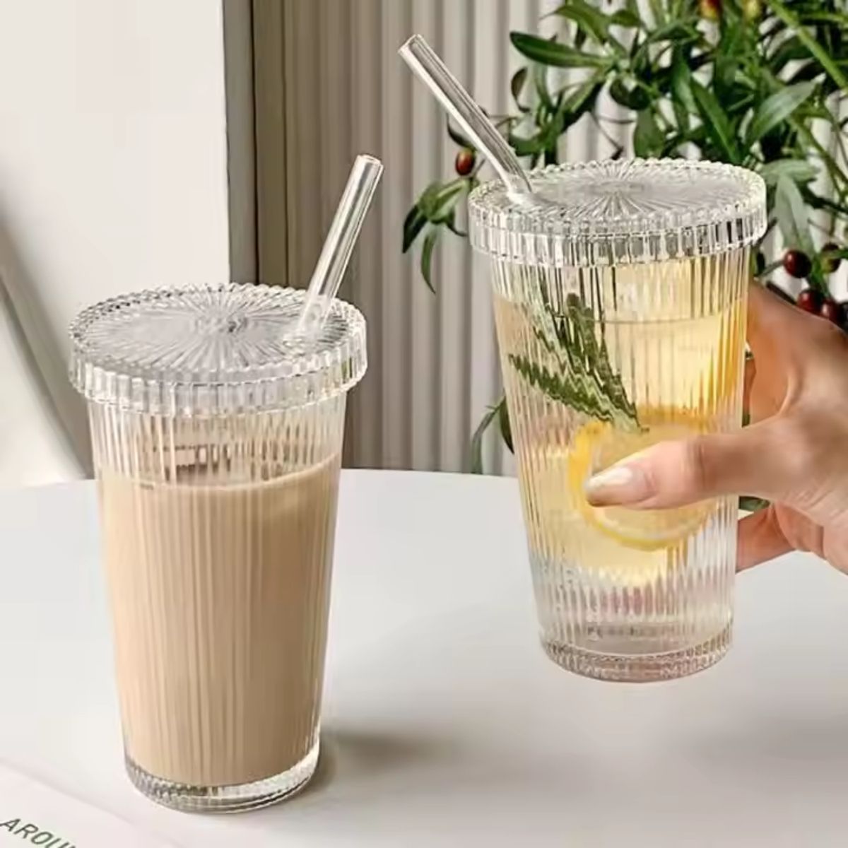 SANTU HOME & DECO - Set 2 Vasos Vidrio con Bombilla y Tapa Lineas 380ml