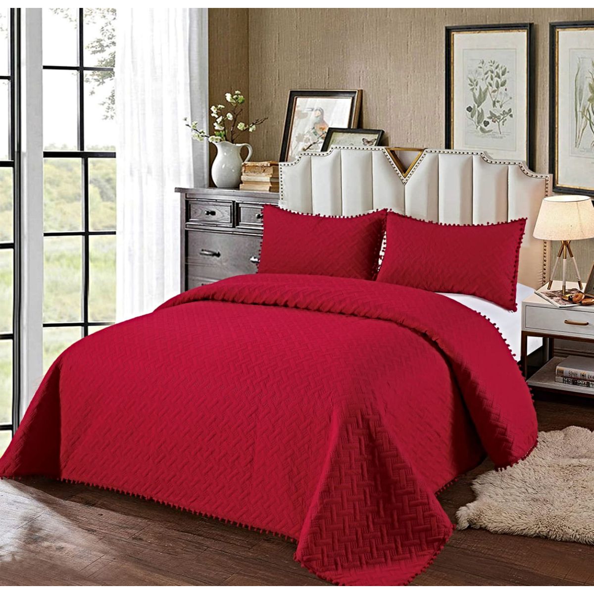 GENERICO - COLCHA QUILT DE VERANO CON POMPONES  2 PLAZAS