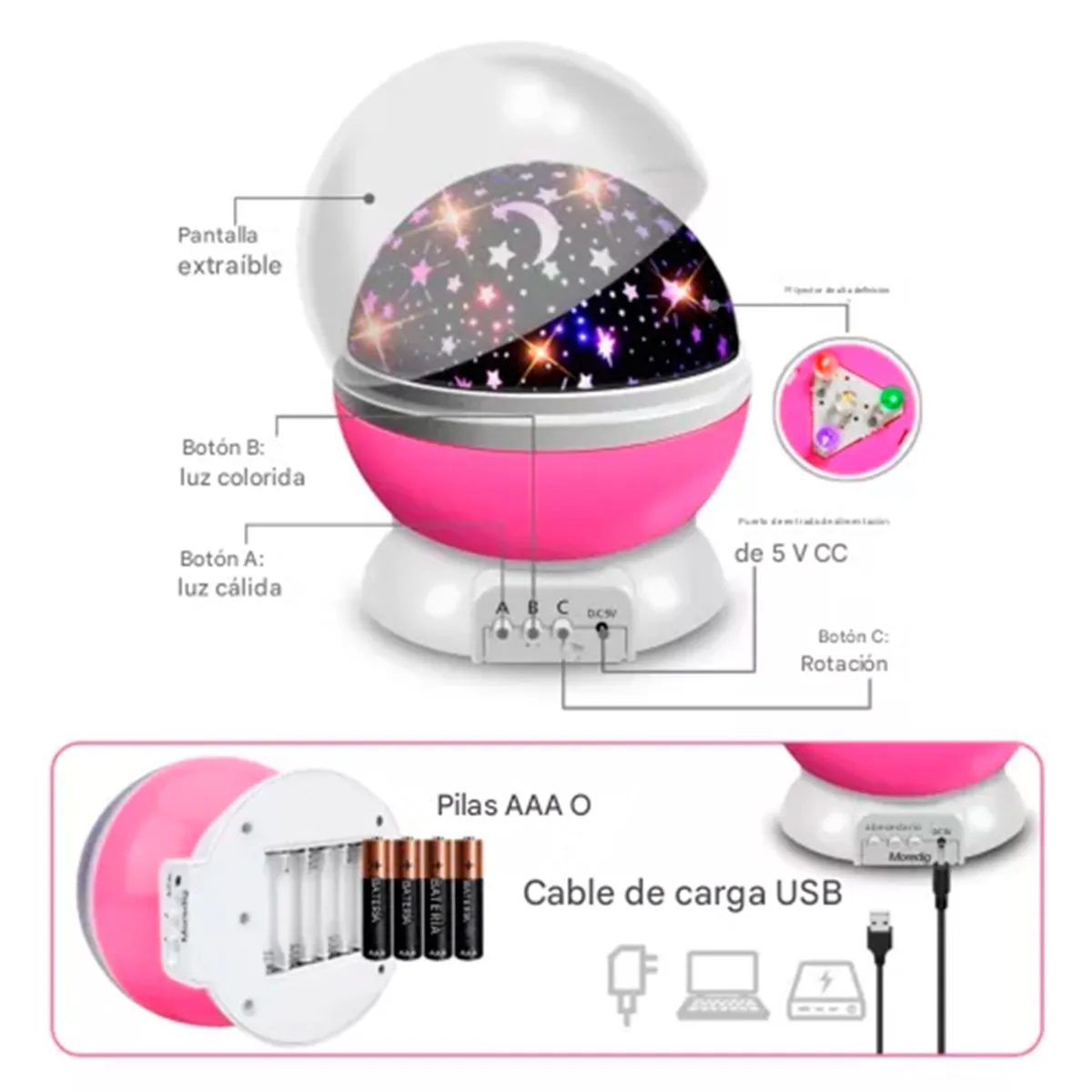 IRM - Lampara Proyector De Estrellas Espanta cuco Rosa para niñas