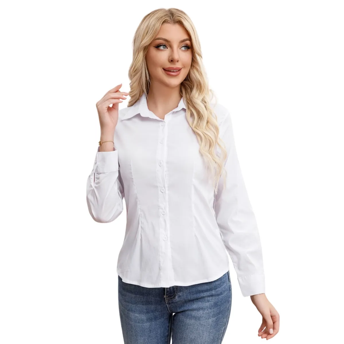 LIKE SHOP - Blusa Mujer Manga Larga Elasticada Lisa Botones Formal 0056