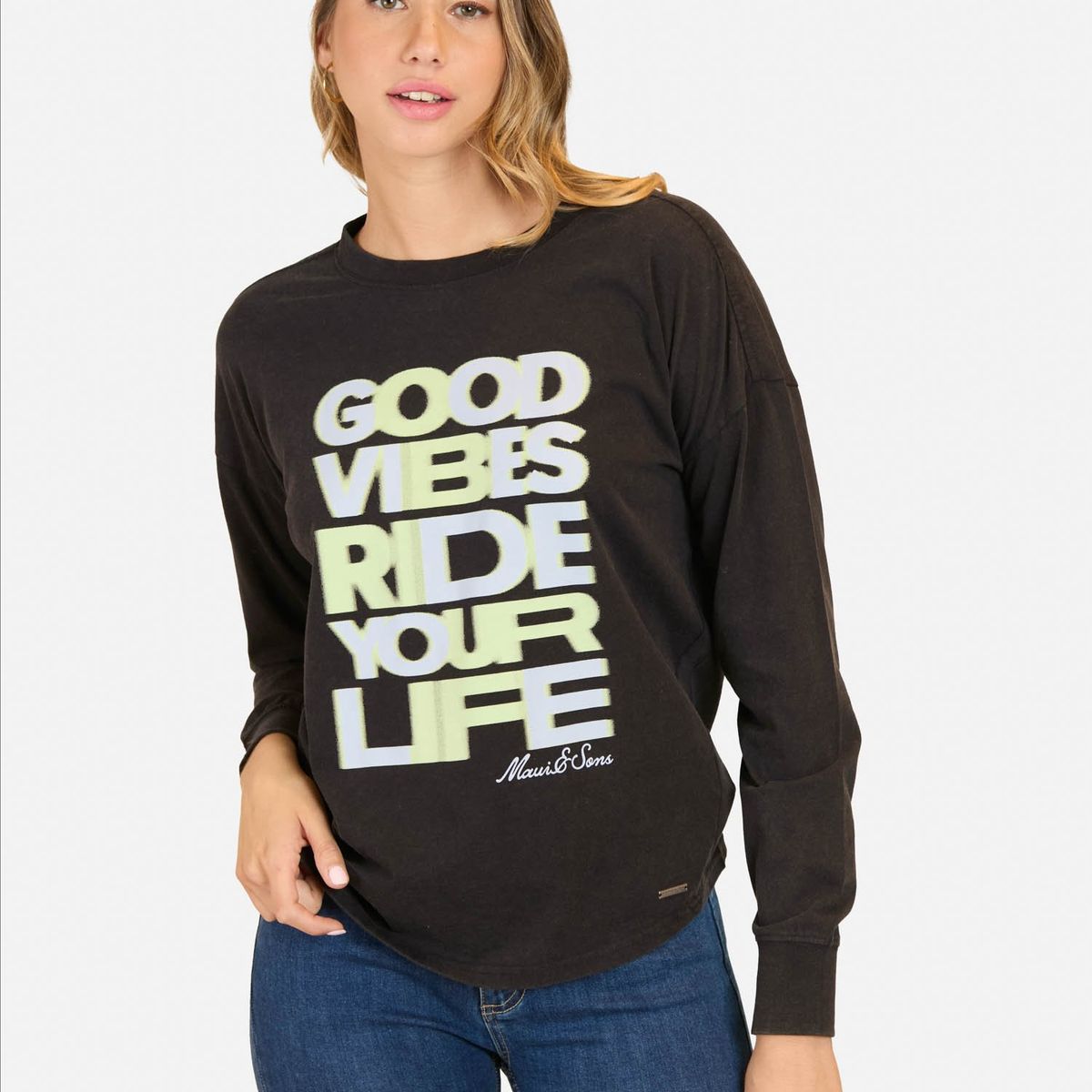 MAUI AND SONS - Polera ML Saltwater Negro Mujer Maui And Sons