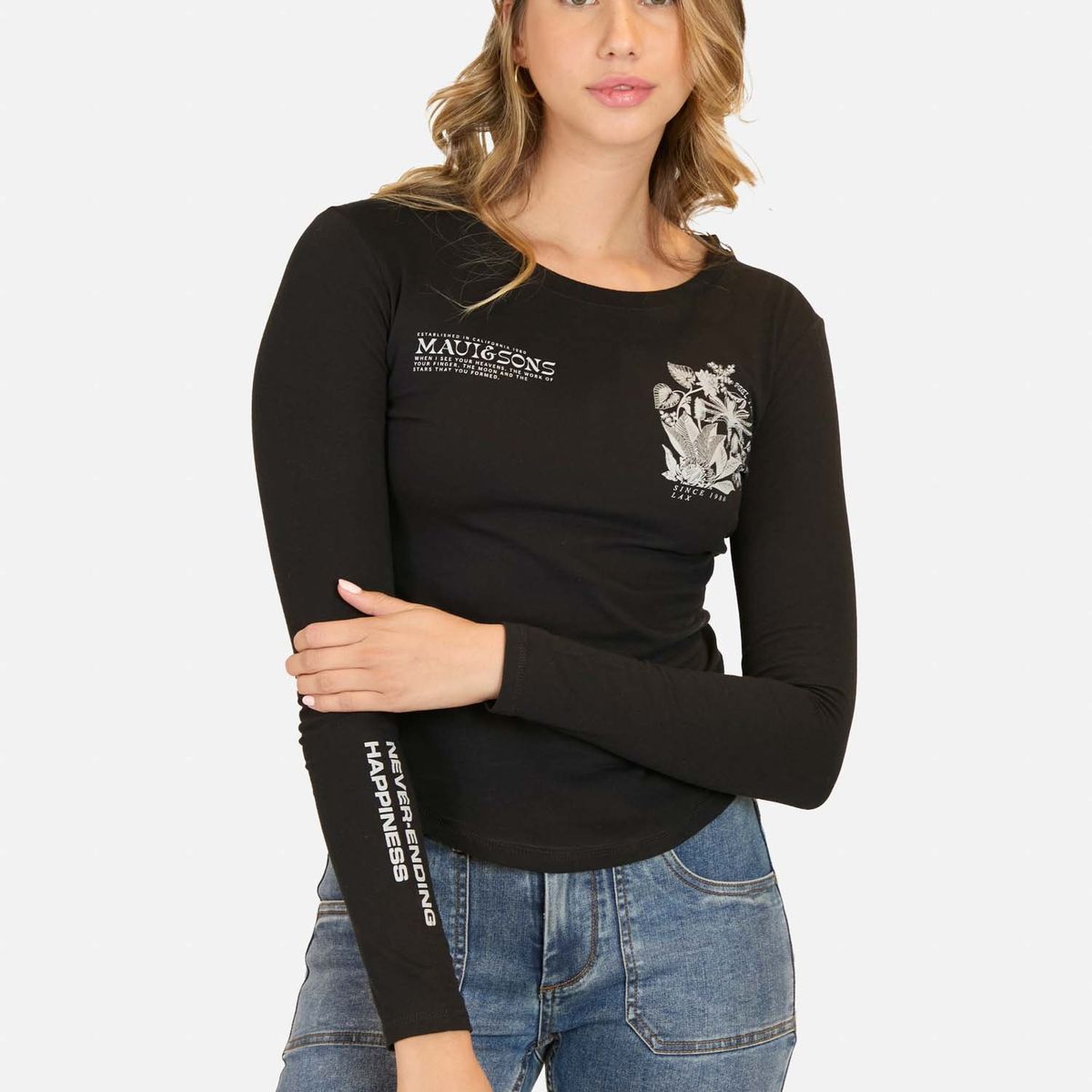 MAUI AND SONS - Polera ML Racer Negro Mujer Maui And Sons