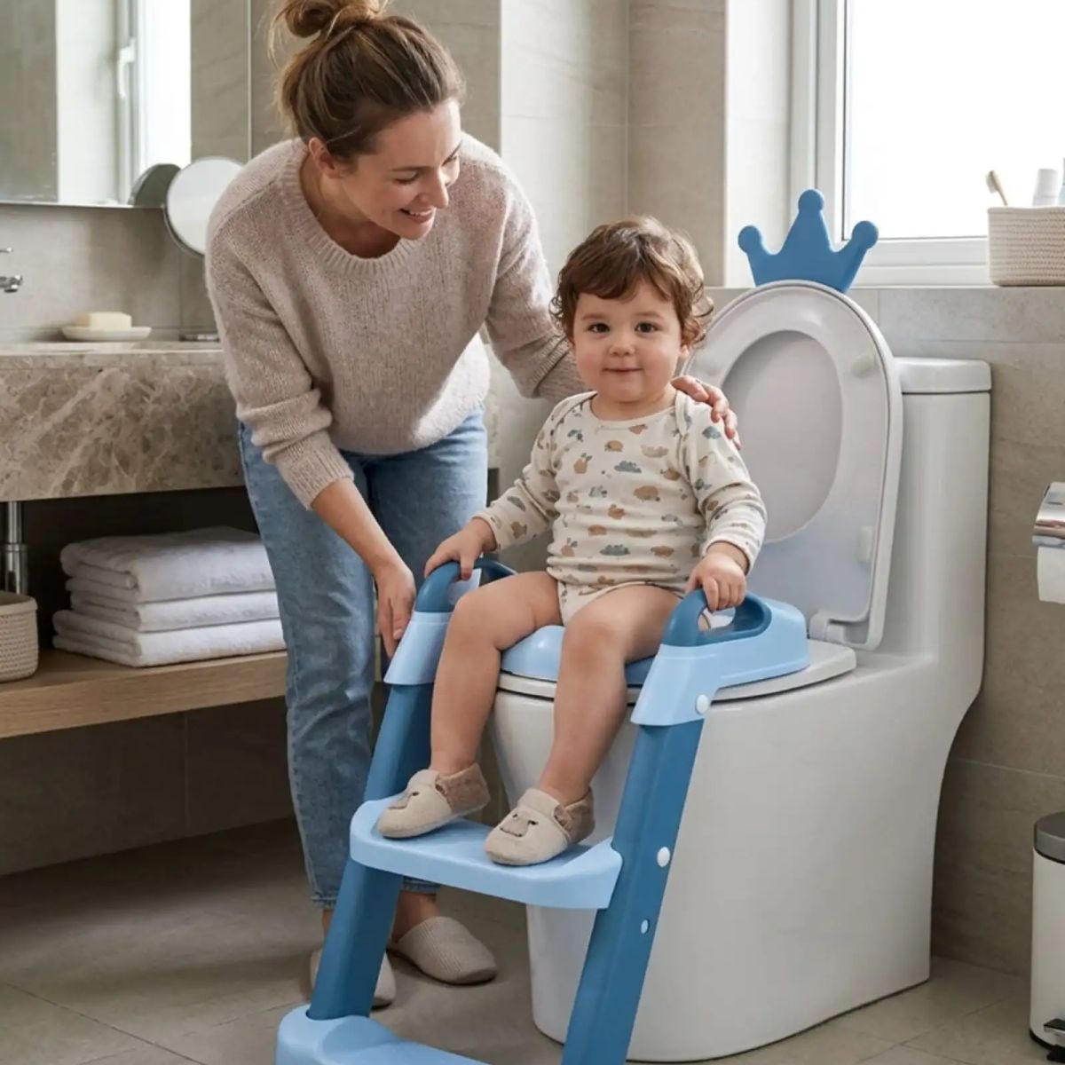 GENERICO - Adaptador Asiento Baño Infantil Con Escalera Corona Azul
