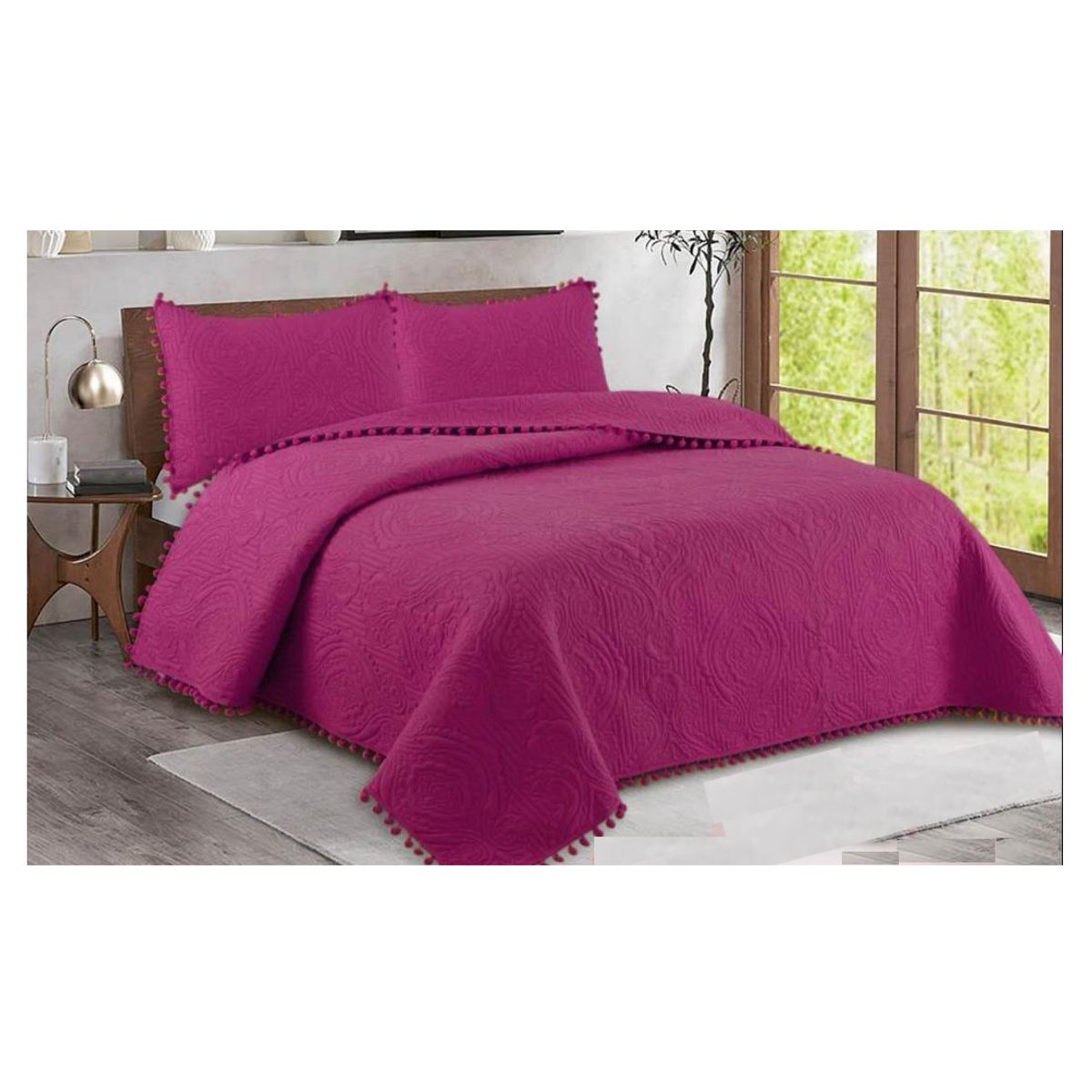 COMPRAPO - Cubrecama Quilt Pompones 2 Plazas + 2 Fundas Magenta W