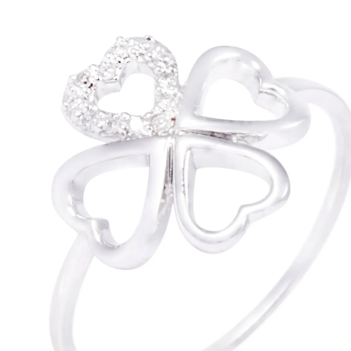 JB JOYAS BARON - Anillo Compromiso Oro Blanco 18kt Trébol Corazones Diamantes 6 Pts