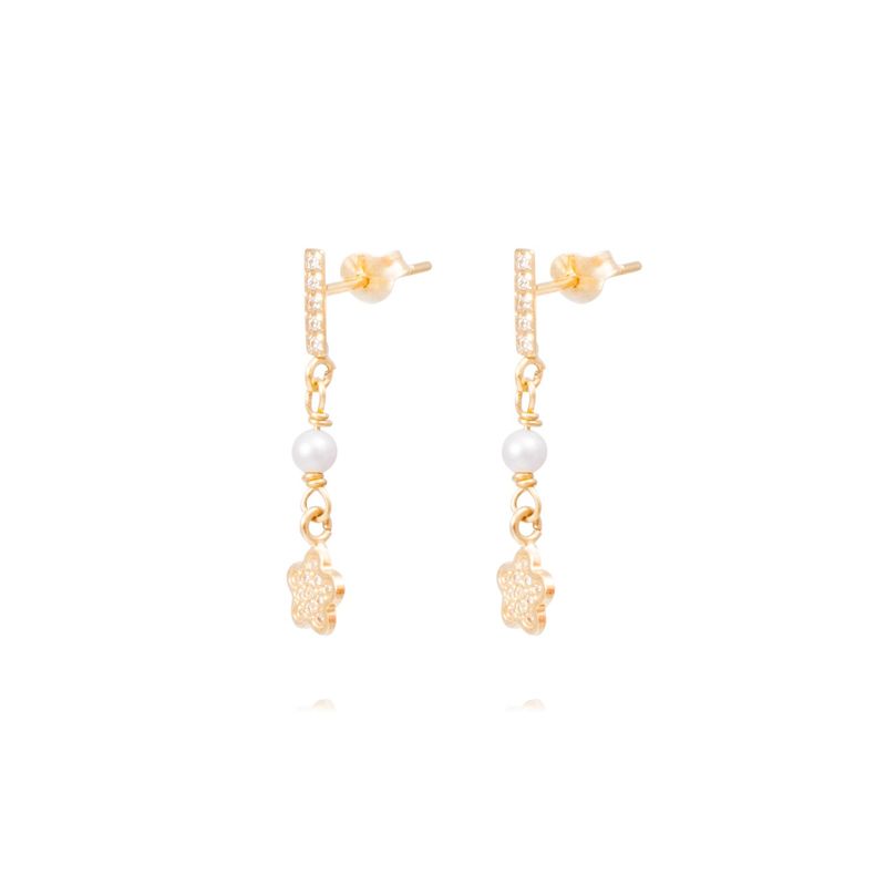 JB JOYAS BARON - Aros Oro Amarillo 18kt Flores Colgantes y Circonitas