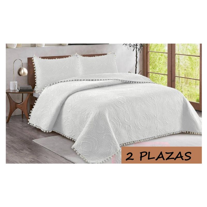 COMPRAPO - Cubrecama Quilt Pompones 2 Plazas + 2 Fundas Blanco W