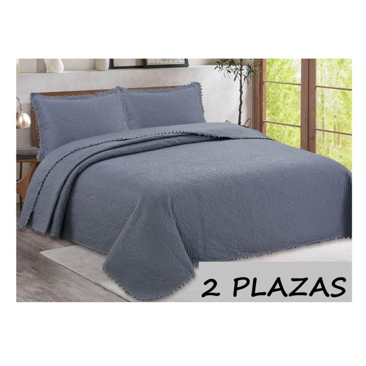 COMPRAPO - Cubrecama Quilt Pompones 2 Plazas + 2 Fundas Gris W