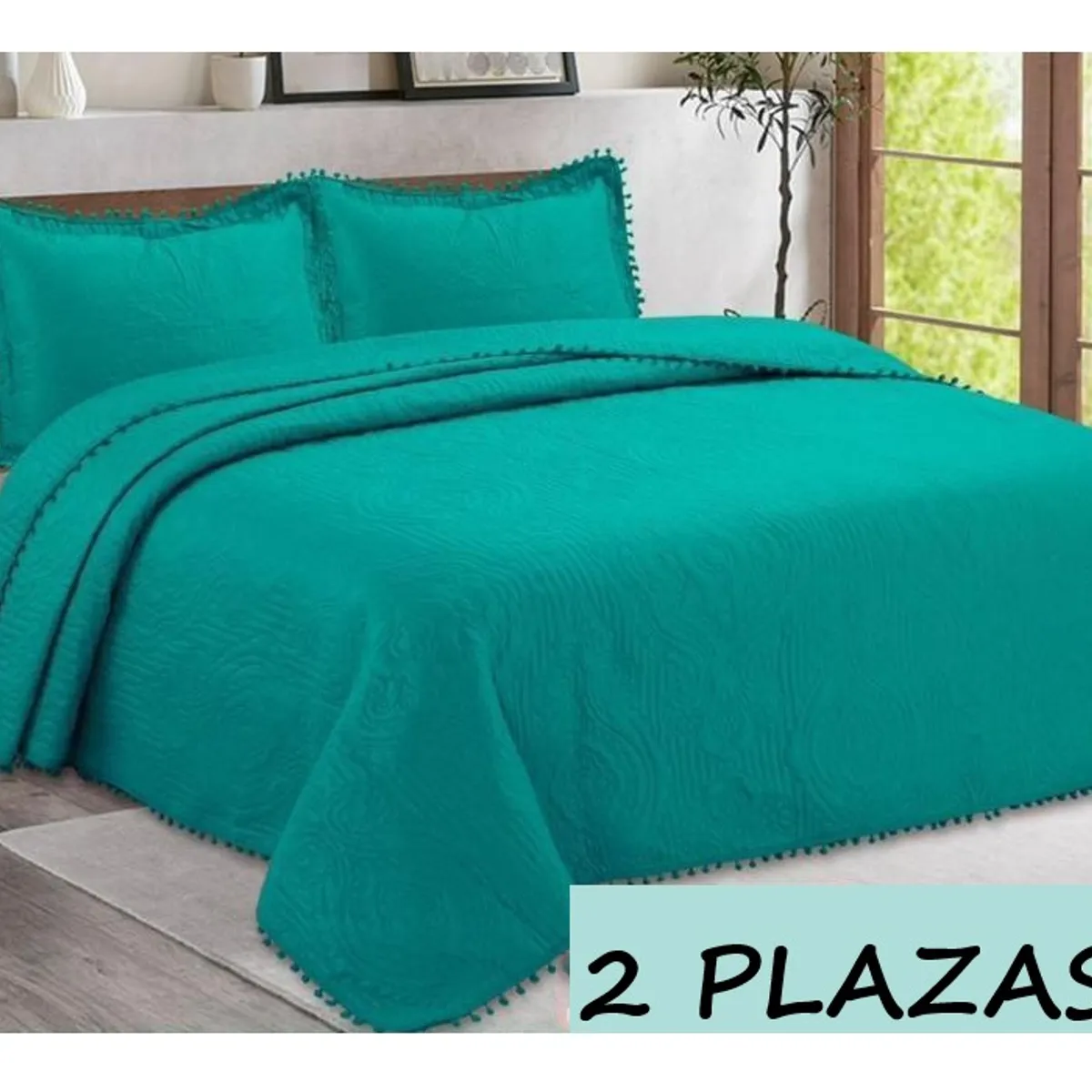 COMPRAPO - Cubrecama Quilt Pompones 2 Plazas + 2 Fundas Turquesa W