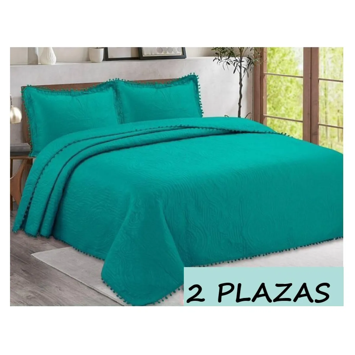 COMPRAPO - Cubrecama Quilt Pompones 2 Plazas + 2 Fundas Turquesa W