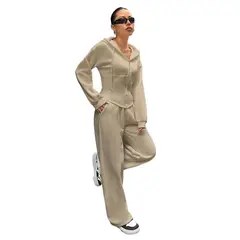 BLWOENS - Chaqueta de manga larga y pantalones largos para mujeres - 2 piezas - Beige