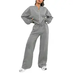 BLWOENS - Chaqueta de manga larga y pantalones largos para mujeres - 2 piezas - Gris