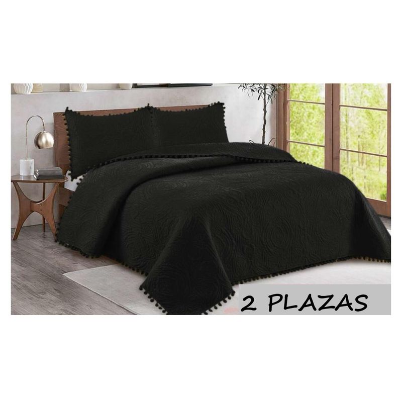 COMPRAPO - Cubrecama Quilt Pompones 2 Plazas + 2 Fundas Negro W
