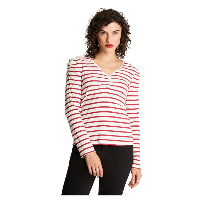 CURVI - Polera Rib Cuello Fruncido Y Mangas Recogidas Rojo