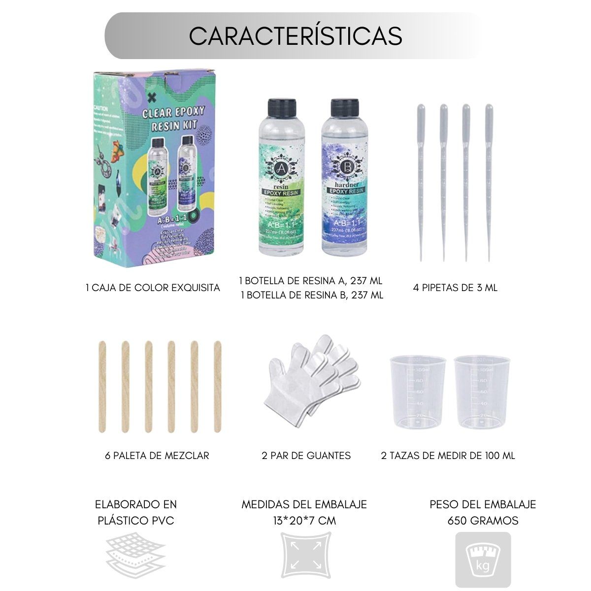 GENERICO - Resina Epóxica 1:1 Ultra Transparente 237 Ml 14 Accesorios