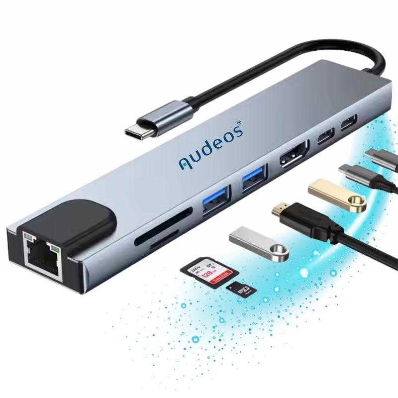 GENERICO - Hub Usb C A Hdmi Rj45 Usb 2.0 3.0 8 Puertos Para Pc Mac Otg Plateado.