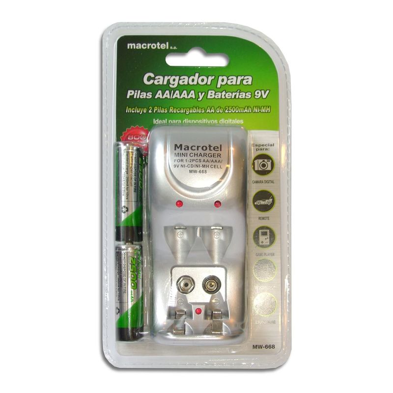 MACROTEL - Cargador Pilas Macrotel + 2 pilas AA 2500mha