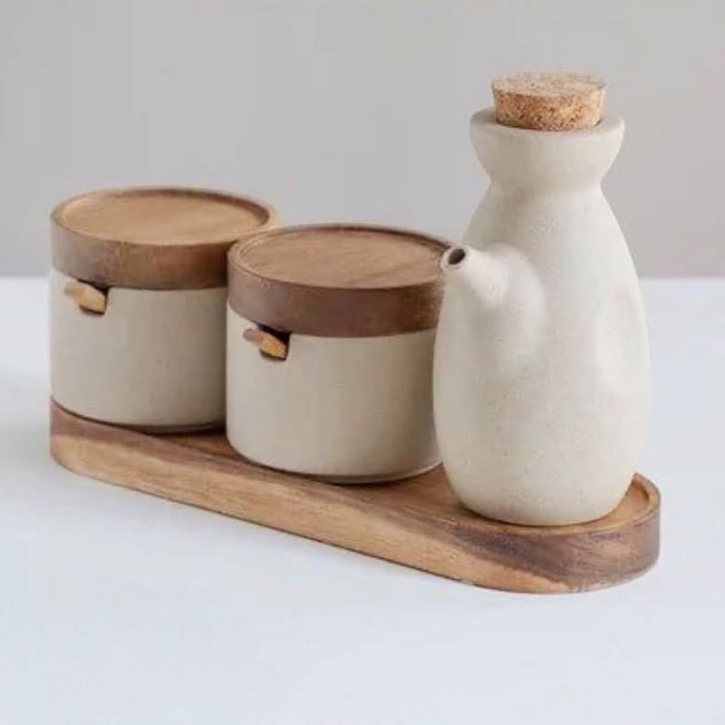 GENERICO - Juego De 03 Tarros De Cerámica Con Bandeja De Madera - Ceramica