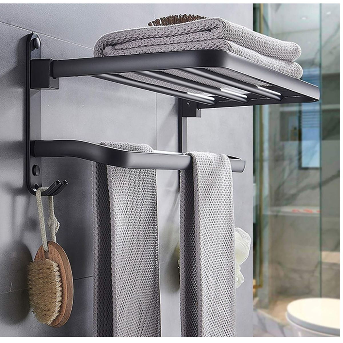 KUANGYE - Soporte Plegable De Pared Para Toallas Aluminio Con Gancho