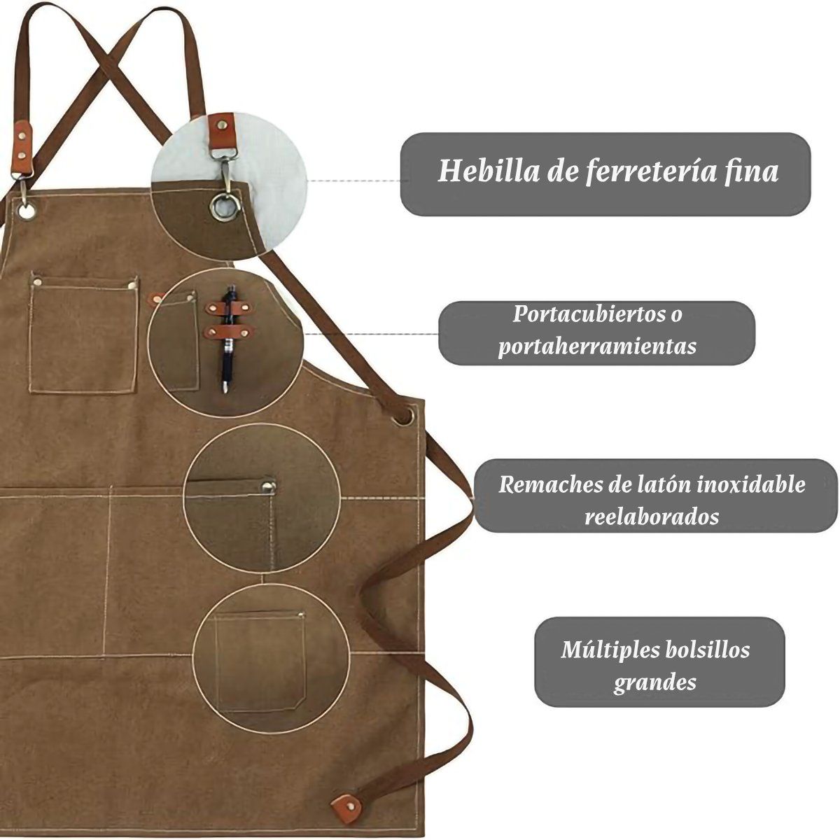 GENERICO - Café Delantal De Lona De Algodón Con Bolsillos Grandes