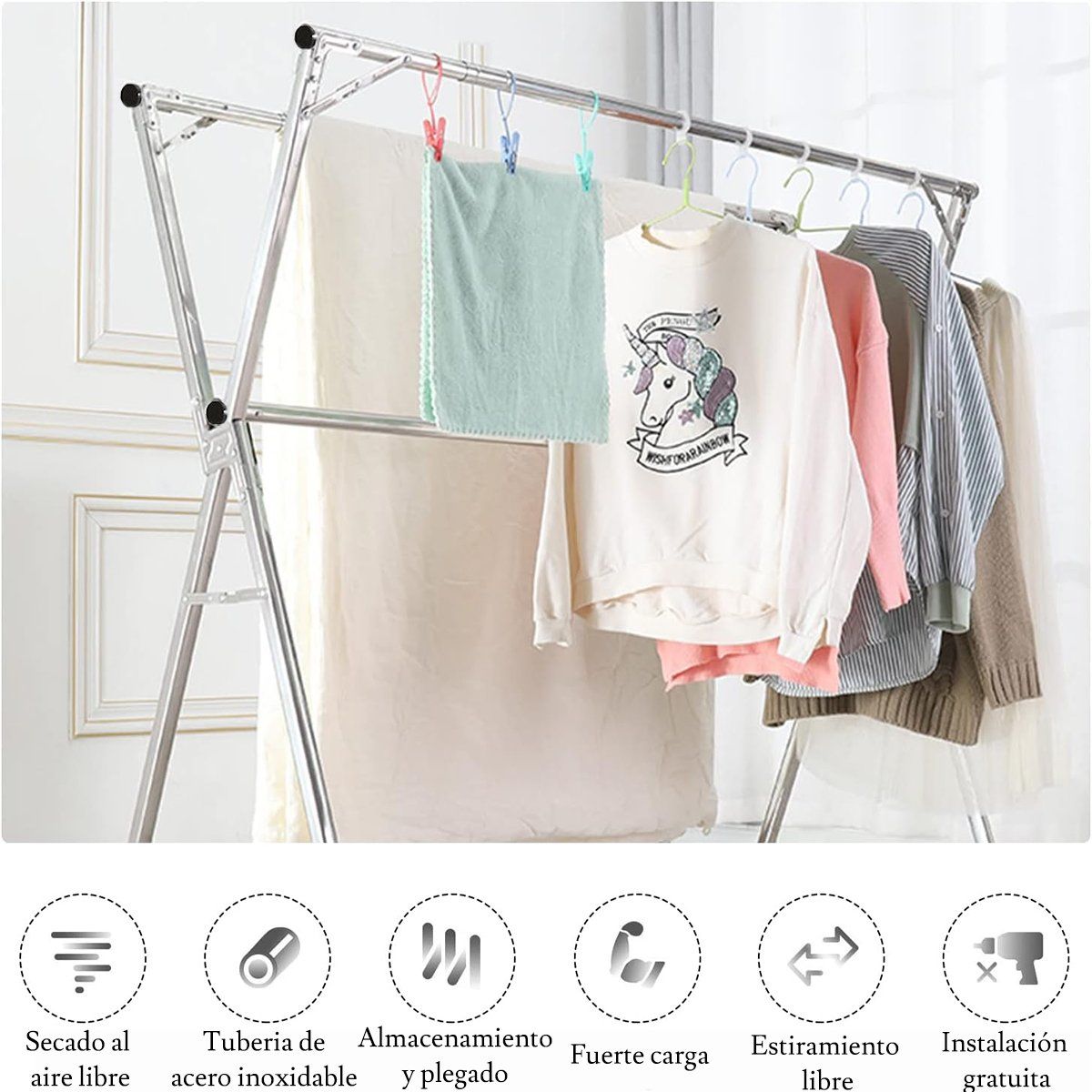 GENERICO - Secador De Suelo Plegable De Tres Barras De Acero Inoxidable