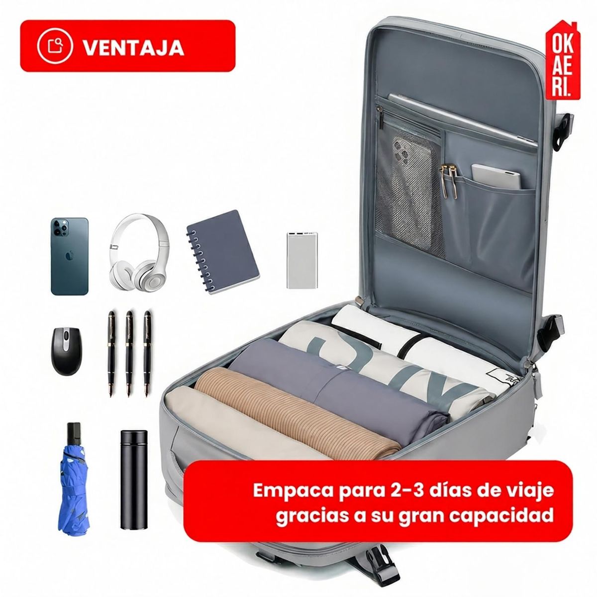 OKAERI - Mochila De Viaje Impermeable Avión Aprobado Capacidad De 40L