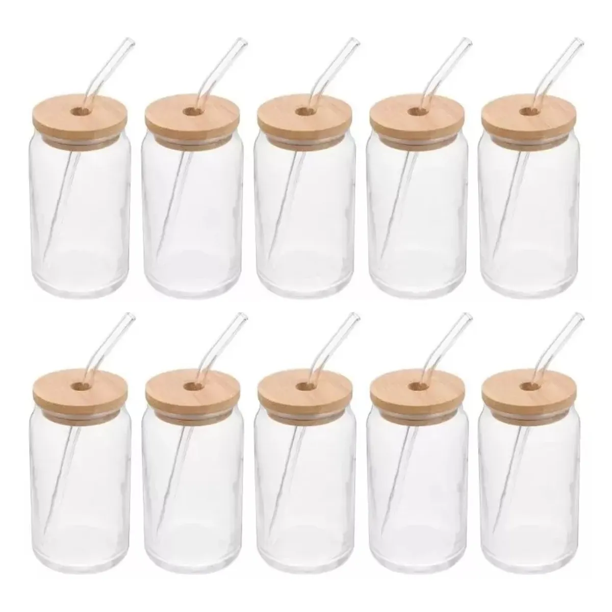 MUNDO MAGIA - Pack 10 Vaso Lata De Vidrio Con Bombilla Tapa De Bambu 550m