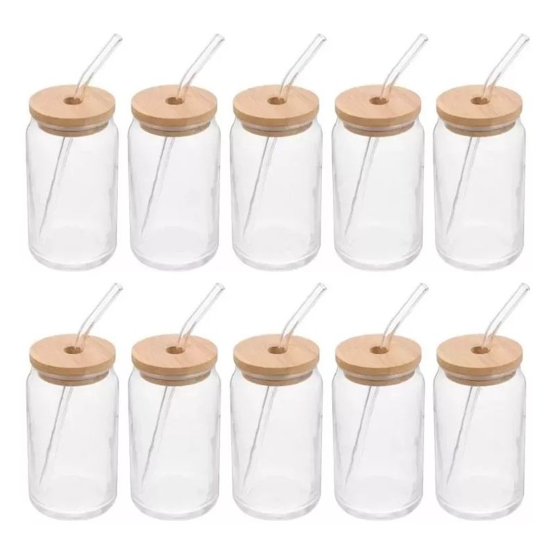 MUNDO MAGIA - Pack 10 Vaso Lata De Vidrio Con Bombilla Tapa De Bambu 550m