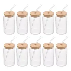 MUNDO MAGIA - Pack 10 Vaso Lata De Vidrio Con Bombilla Tapa De Bambu 550m