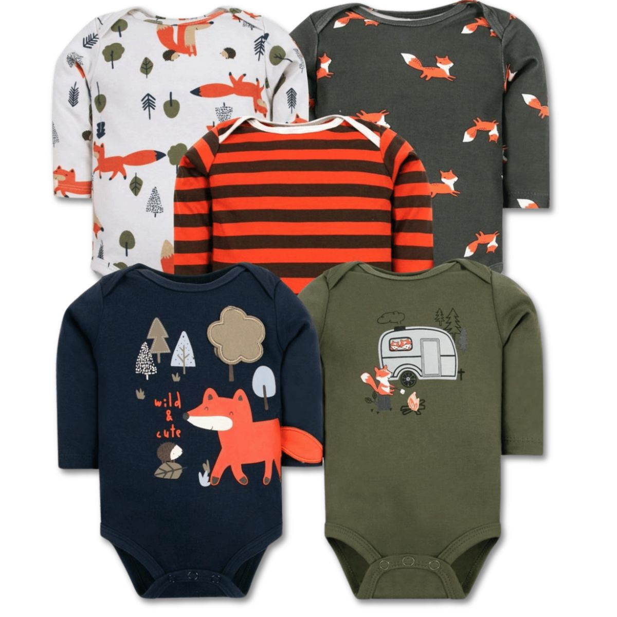 TEDMIMAK - Pack 5 Bodys Bebé Niño Manga Larga 100% Algodón Happy fox