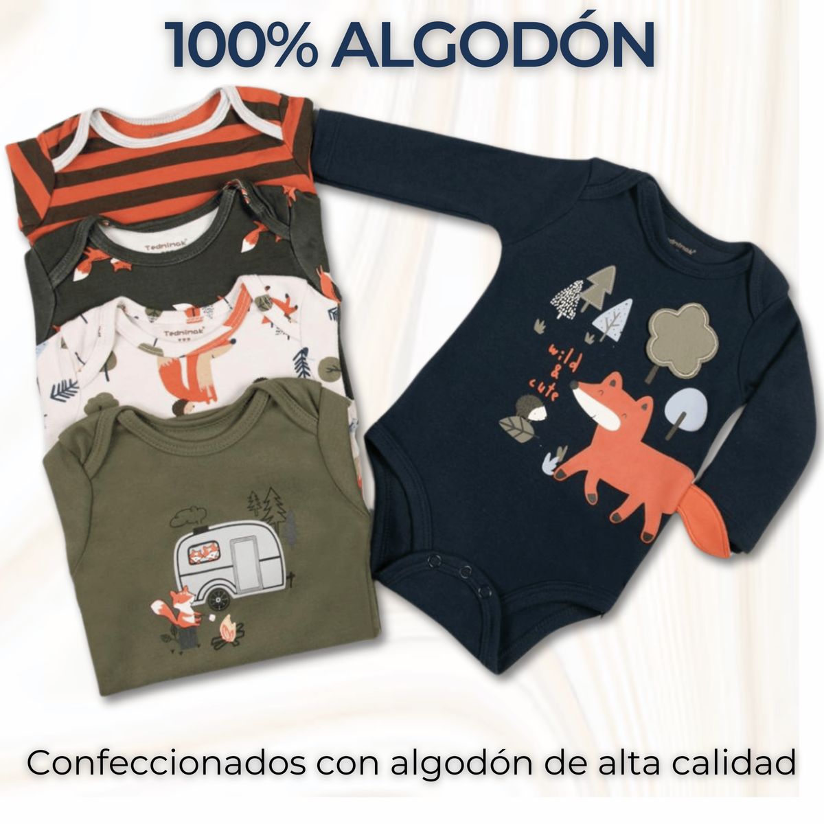 TEDMIMAK - Pack 5 Bodys Bebé Niño Manga Larga 100% Algodón Happy fox