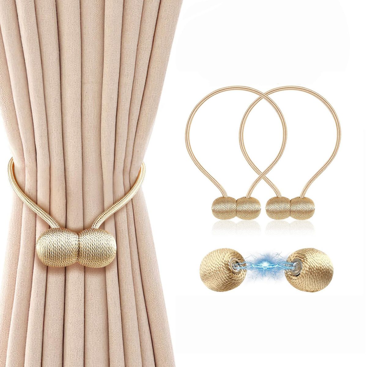 GENERICO - Dorado Alzapaños De Cortina Magnético Para Hogar Hotel 2Pcs