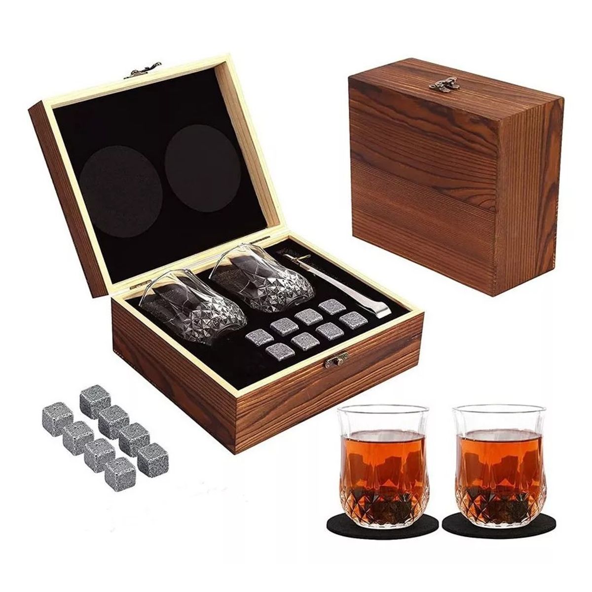 MUNDO MAGIA - Juego De Regalo De Piedra Para Whisky Y 2 Vasos De Cristal