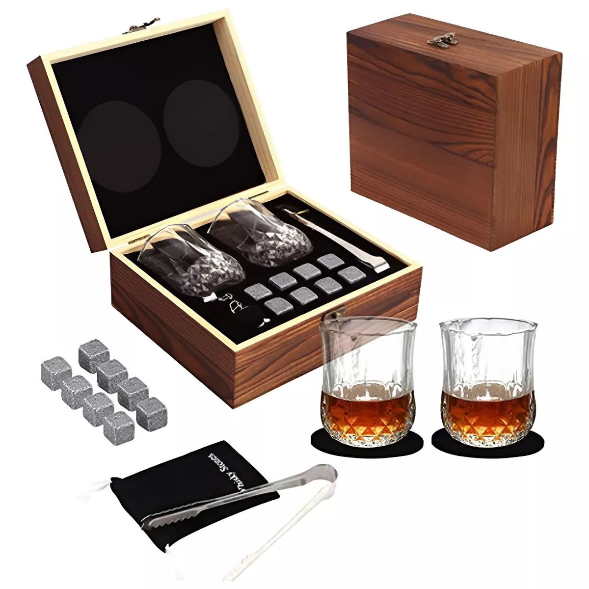 MUNDO MAGIA - Juego De Regalo De Piedra Para Whisky Y 2 Vasos De Cristal